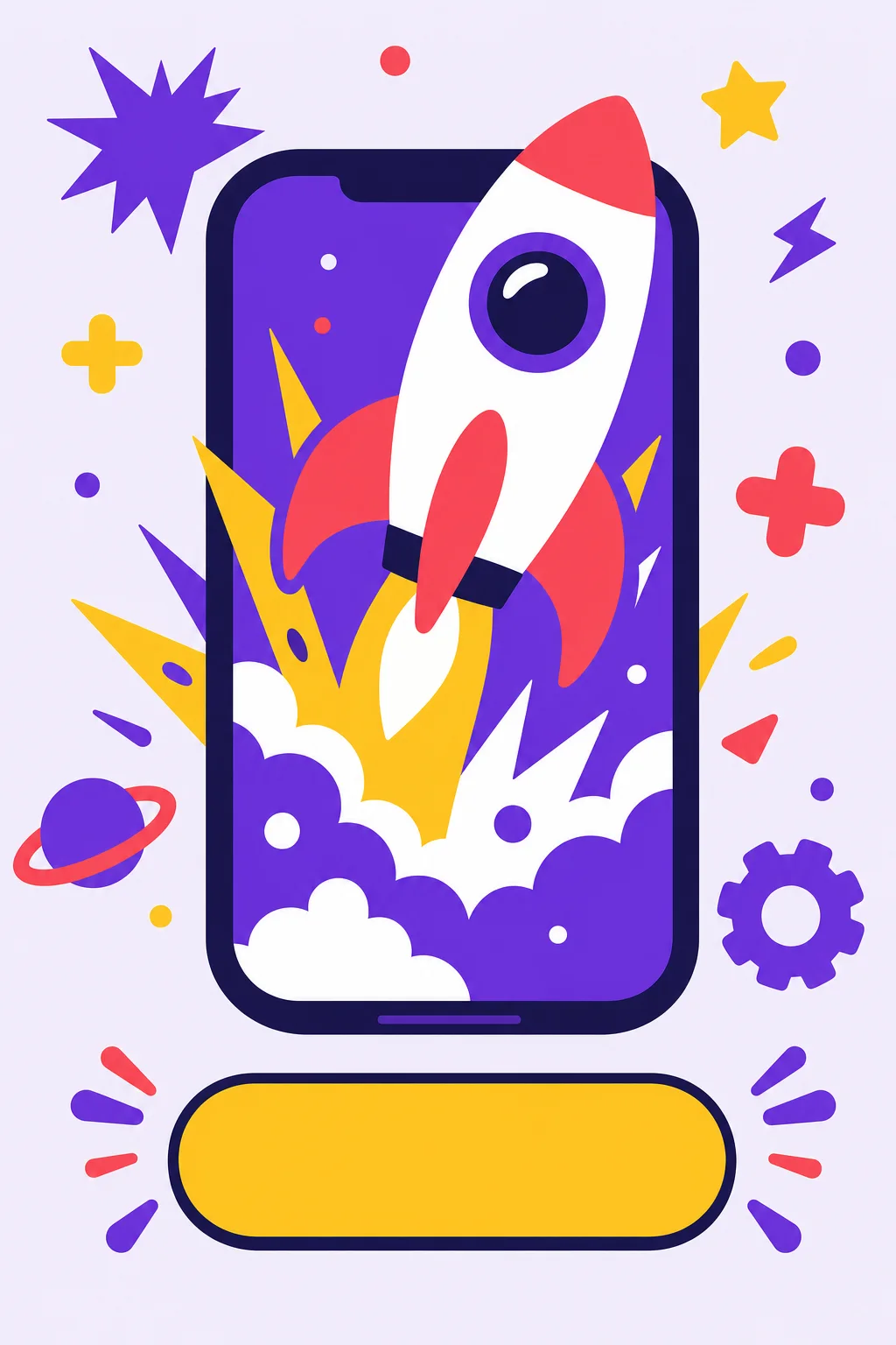 Flat vector ad frame: rocket bursting out of a phone screen with an install button