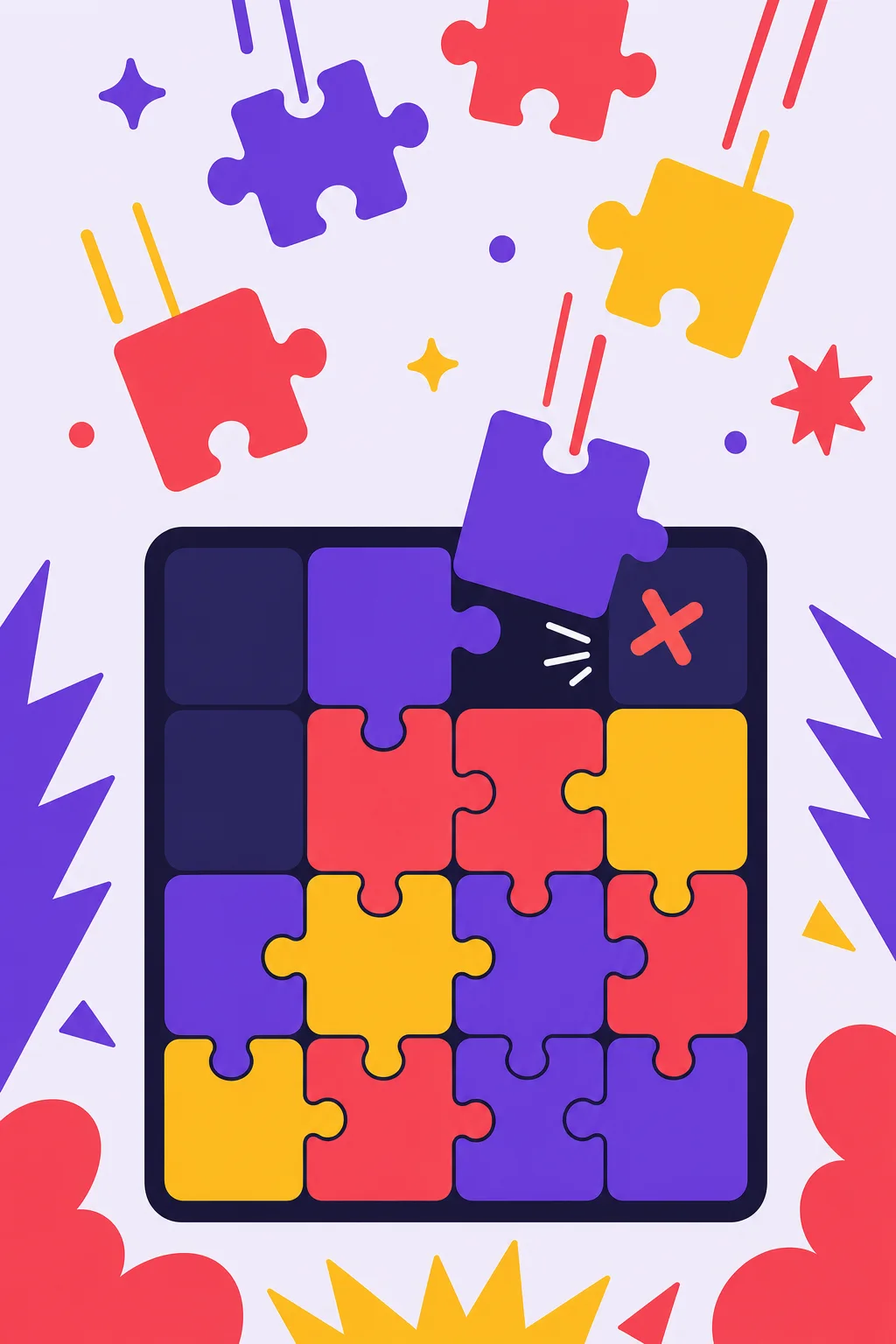 Flat vector ad frame: puzzle pieces raining into a grid with a fail state