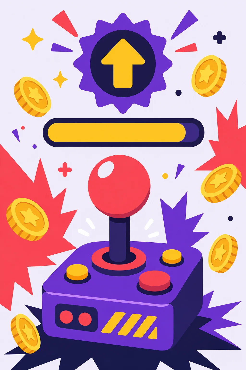 Flat vector ad frame: joystick with a level-up bar and coins
