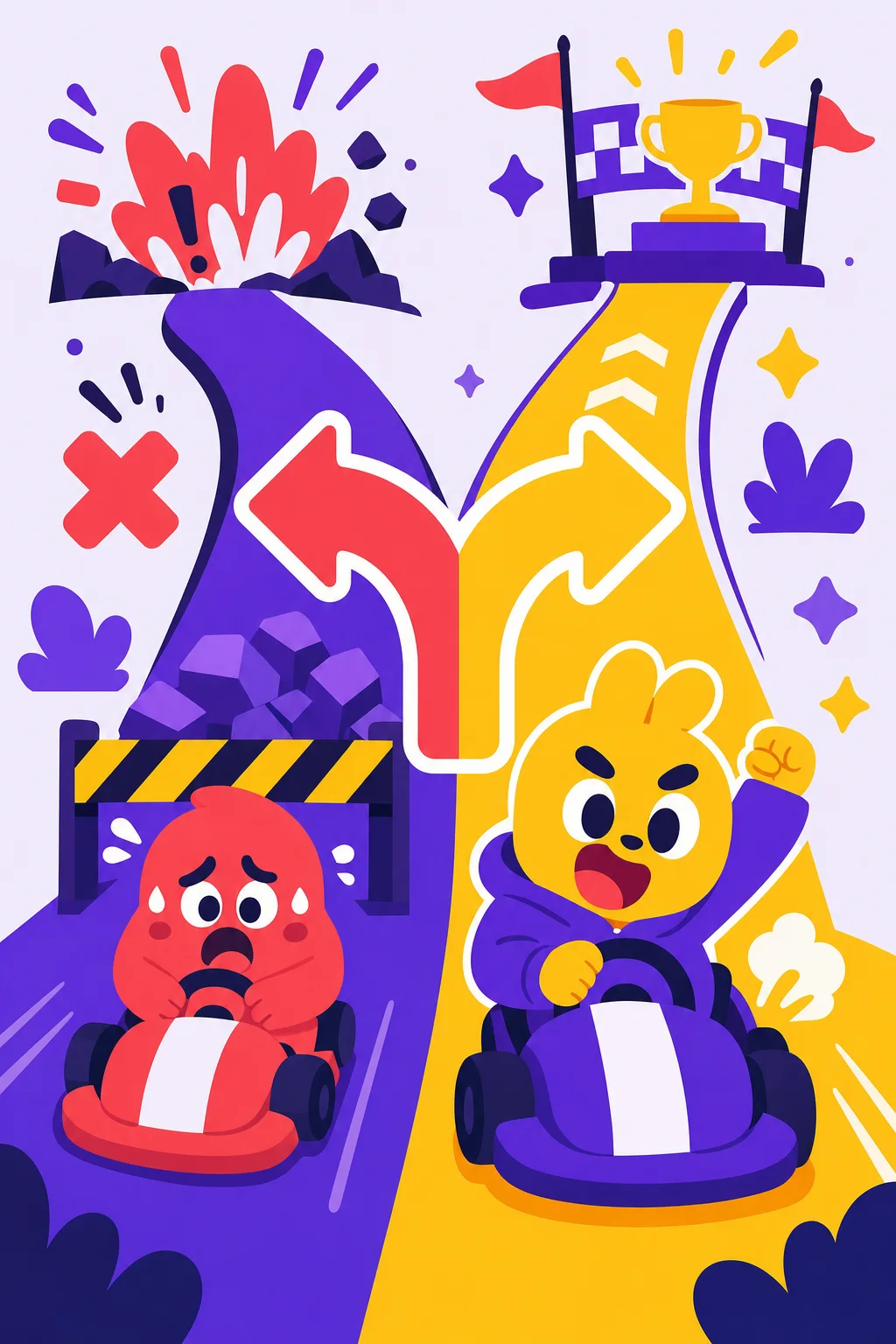 Flat vector ad frame: two characters racing, one stuck, with a choice arrow