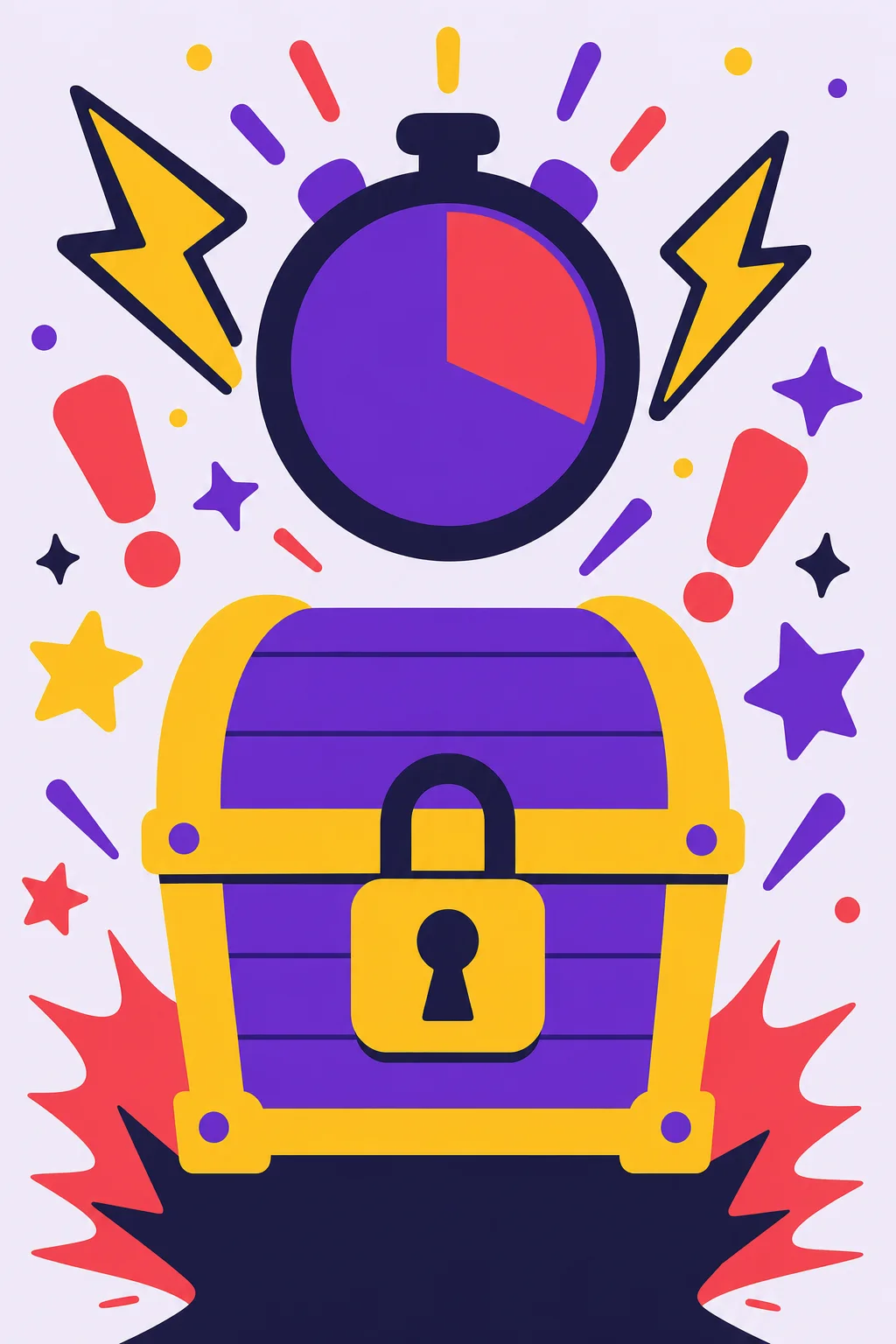 Flat vector ad frame: timer counting down over a treasure chest