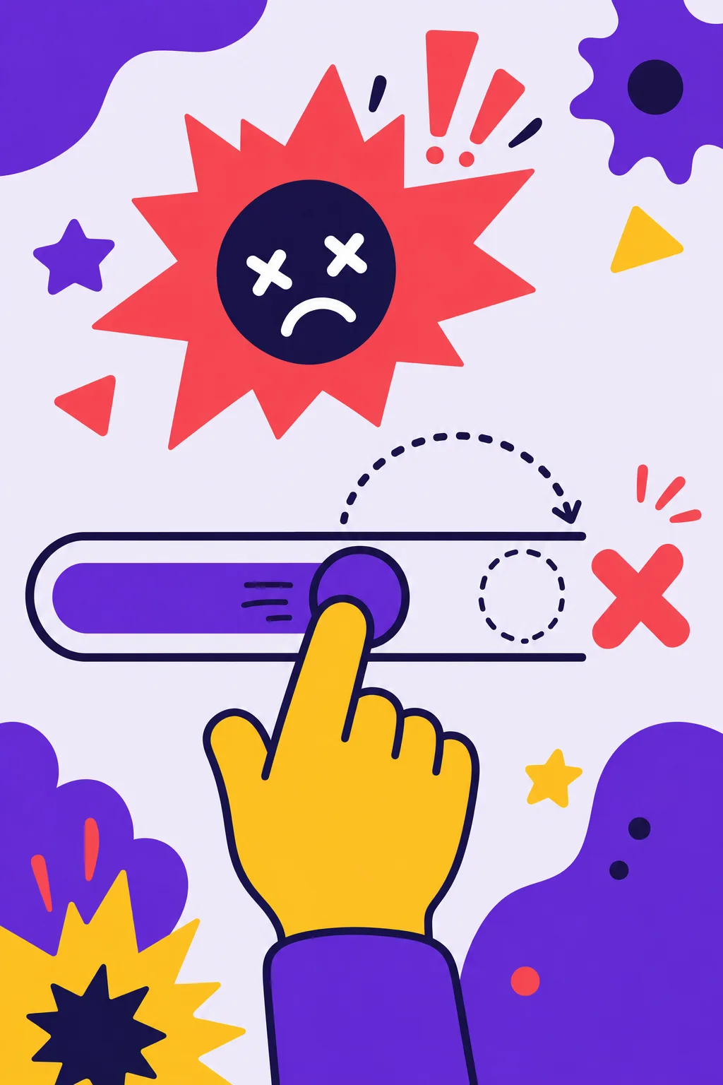 Flat vector ad frame: hand swiping a slider that fails on purpose