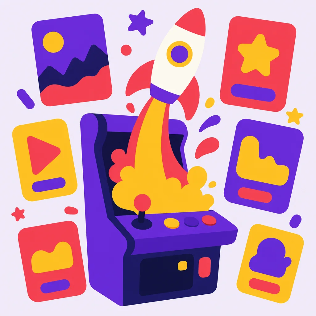 Flat vector illustration of a rocket launching from an arcade cabinet surrounded by ad-frame cards